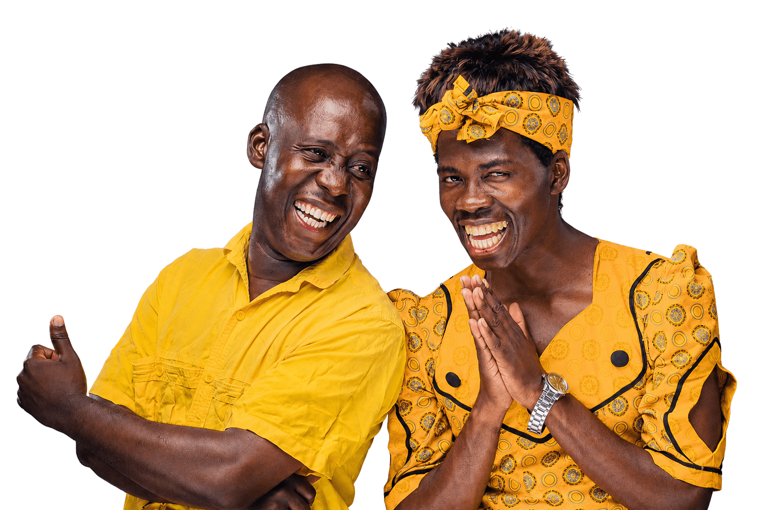 Gogo and Slwane laughing together in matching gold outfits